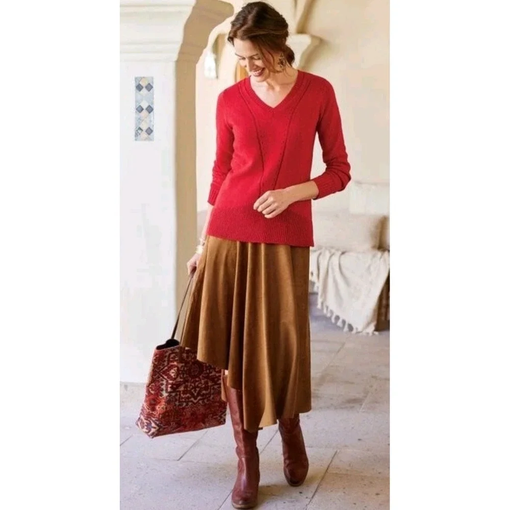 Soft Surroundings Inverness Faux Suede Midi‎ Skirt Saddle Brown Womens Small